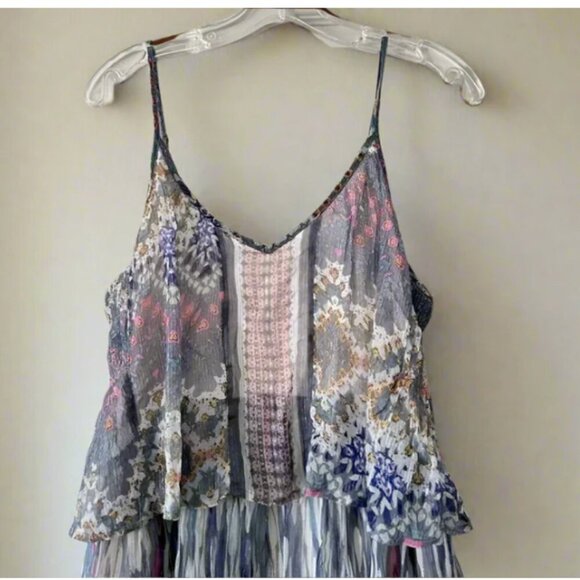 Anthropologie Floral Strappy Maxi Dress 2 Gray Pink Tiered Floral Boho Party - Picture 4 of 8